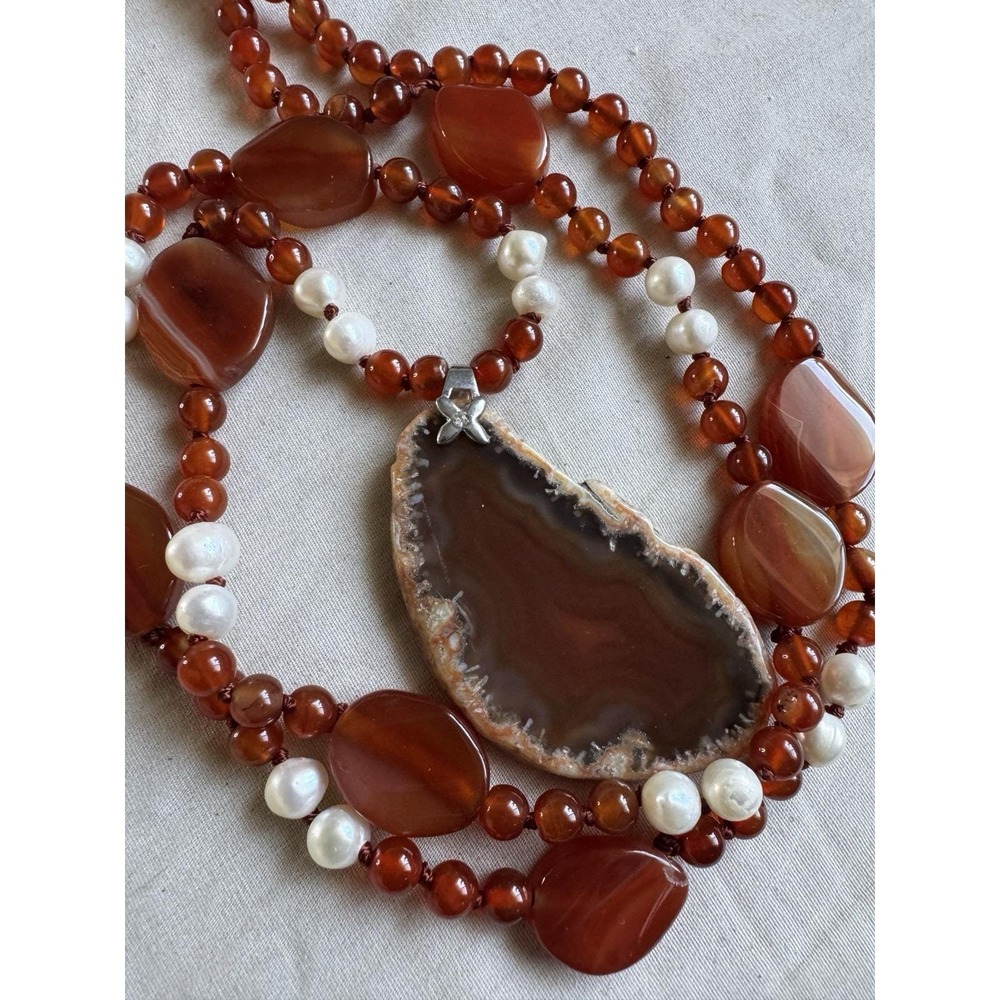 Vintage Carnelian Beaded Necklace w/ Freshwater Pearls & Agate Boho Gemstone